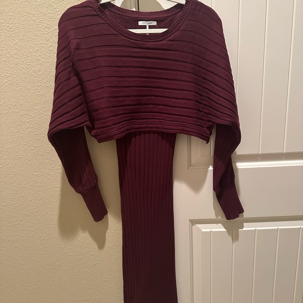 Stitchdrop Burgundy Ribbed Knit Sweater with Attached Skirt Set